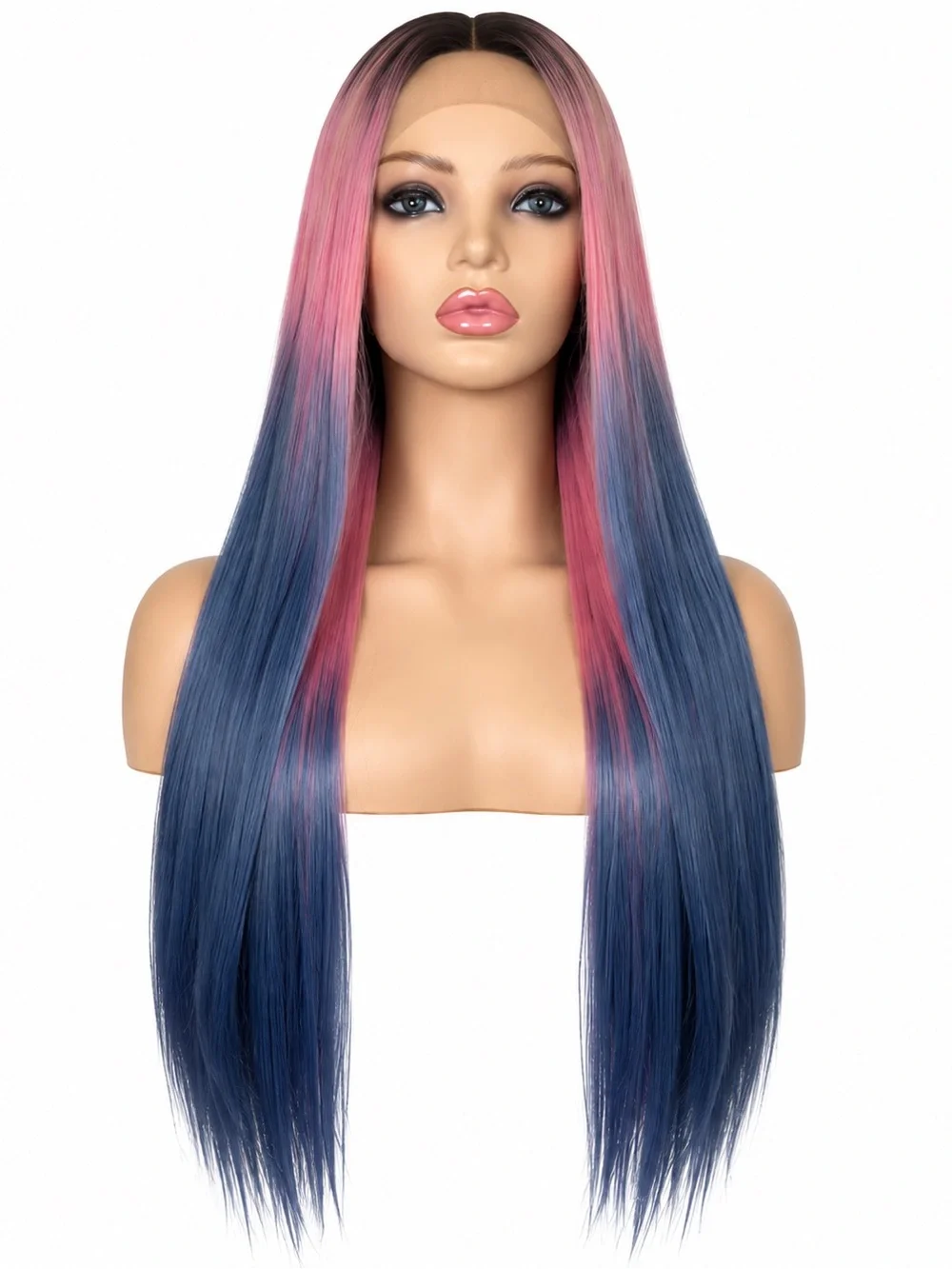 Long Straight Pink to Blue Ombre Wig - Sleek Women's Hair
